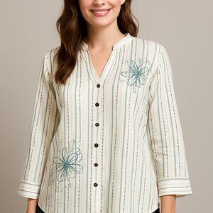 Alfred Dunner Turquoise & Brown Striped Top with Beaded Floral Accents Size 20